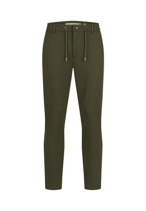 Slim-fit dark green pants with button, drawstring waist, belt loops, and front fly against white background.