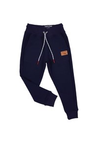 Donkerblauwe sweatpants van zacht materiaal, met ribbels aan de boorden, een elastische tailleband met trekkoord en een leren logo patch.