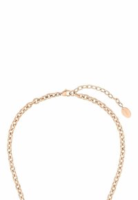 Collana in oro rosa con anelli ovali interconnessi, chiusura a gancio e un'estensione regolabile con un piccolo tag.