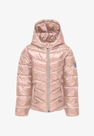 Hellrosa gesteppte Jacke mit Reißverschluss und Kapuze. Verfügt über ein Chevron-Muster und ein Logopatch am linken Ärmel.