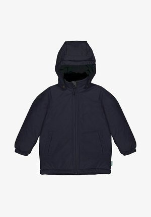 Navyblau kapuzenjacke mit Reißverschluss vorne, elastischen Bündchen, zwei seitlichen Taschen und einem mit Fleece gefütterten Innenraum. Glattes, wasserabweisendes Material.