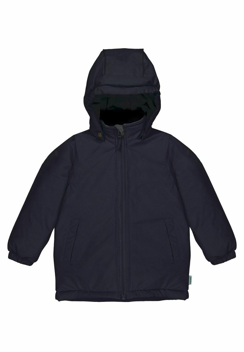 Navyblau kapuzenjacke mit Reißverschluss vorne, elastischen Bündchen, zwei seitlichen Taschen und einem mit Fleece gefütterten Innenraum. Glattes, wasserabweisendes Material.