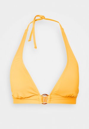 Geel driehoekige bikini top met halterbandjes en een centrale ronde gespsluiting. Gemaakt van rekbaar materiaal met een soepele textuur.
