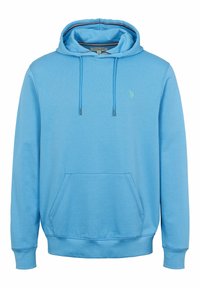 Světle modrá mikina s kapucí se šňůrkami, přední kapsou, žebrovanými manžetami a lemem. Na hrudi má malé zelené logo a kapuci s podšívkou.