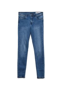 Jean skinny bleu en denim, avec une fermeture éclair sur le devant, des passants de ceinture et un design classique à cinq poches avec un léger délavage.