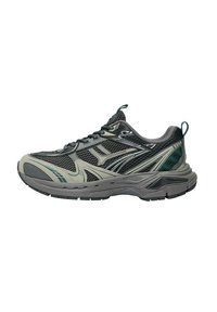 Scarpe da corsa da uomo con tomaia in mesh grigia con accenti verdi, suola spessa per ammortizzazione e design con lacci.