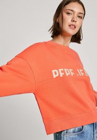 Felpa corallo con una vestibilità rilassata, caratterizzata da un collo a girocollo ribbed e maniche oversize, che mostra un logo audace e chiaro sul davanti.