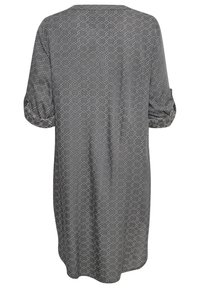 Abito grigio con motivo a fantasia e fit morbido, dotato di maniche a tre quarti e un design geometrico bianco. Tessuto morbido con una texture liscia.