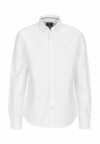 Weißes Langarm-Hemd aus Baumwolle, mit klassischem Kragen, Frontblende und dezentem Logo auf der Brust.