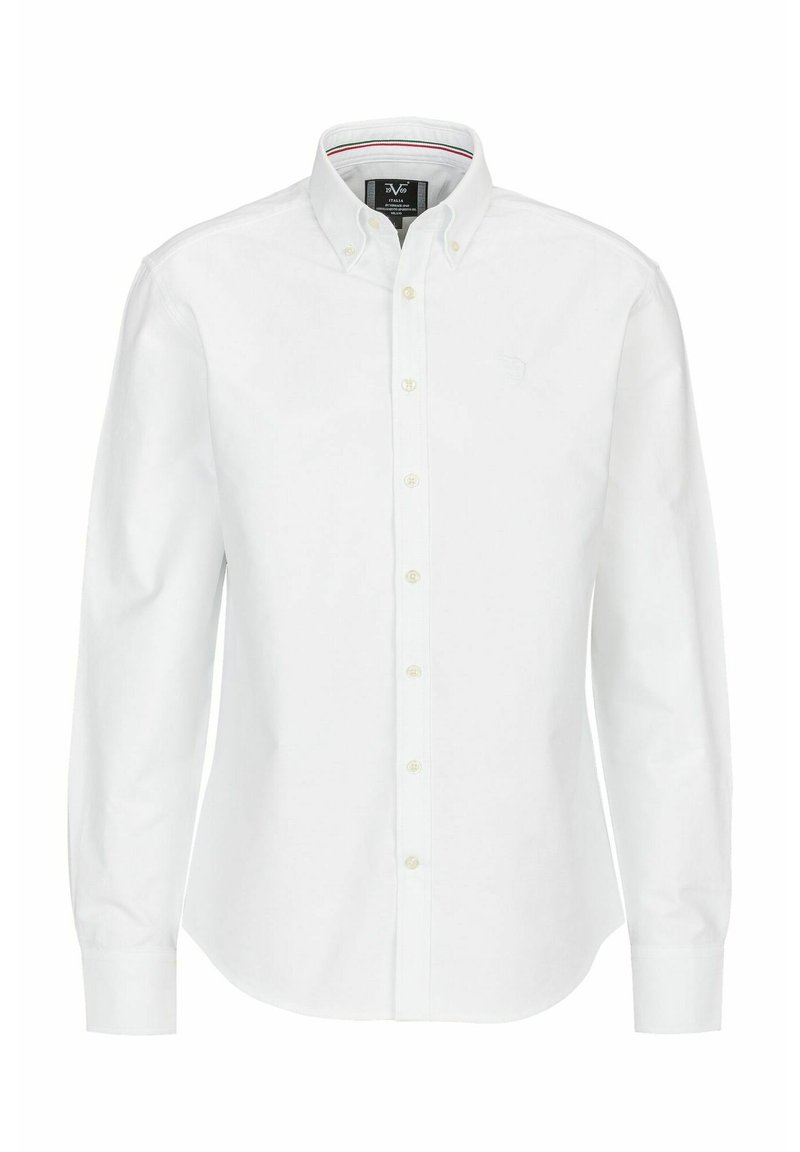 Weißes Langarm-Hemd aus Baumwolle, mit klassischem Kragen, Frontblende und dezentem Logo auf der Brust.