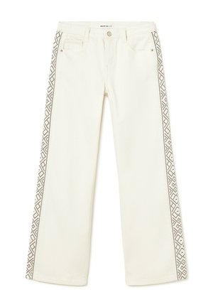 Off-white wide-leg pants with geometric brown embroidery along the outer side seams and front pockets.