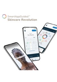 Trois smartphones affichent une application de soins de la peau avec un scan du visage, un calendrier de routine quotidienne et des icônes de session personnalisables pour les problèmes de peau et les traitements.