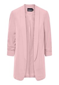 Světle růžový blazer s uvolněným střihem, zdobený šálovým límcem, otevřeným předním dílem a tříčtvrtečními rukávy. Vyrobený ze hladkého materiálu bez zapínání.