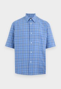 Μπλε πουκάμισο με κοντά μανίκια και κουμπιά, με μυτερό γιακά και ανοιχτό κίτρινο καρό μοτίβο, που διαθέτει αριστερή τσέπη στο στήθος.