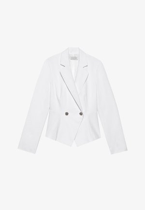 Blazer blanc au design ajusté, à double boutonnage à l'avant, avec deux boutons floraux argentés et des revers à cran. Manches longues et coupe tailleur.