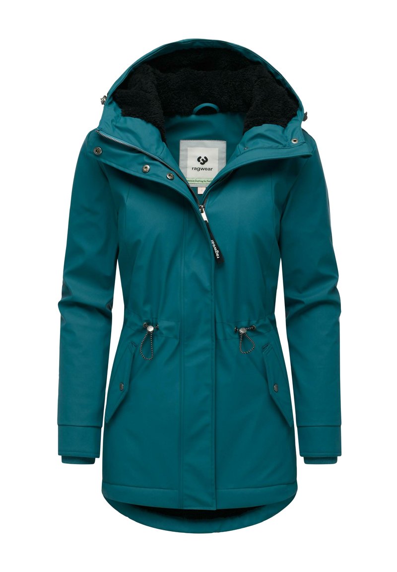 Giacca impermeabile color teal con zip e bottoni a pressione, cordini regolabili in vita e cappuccio foderato in peluche con morbida fodera interna.