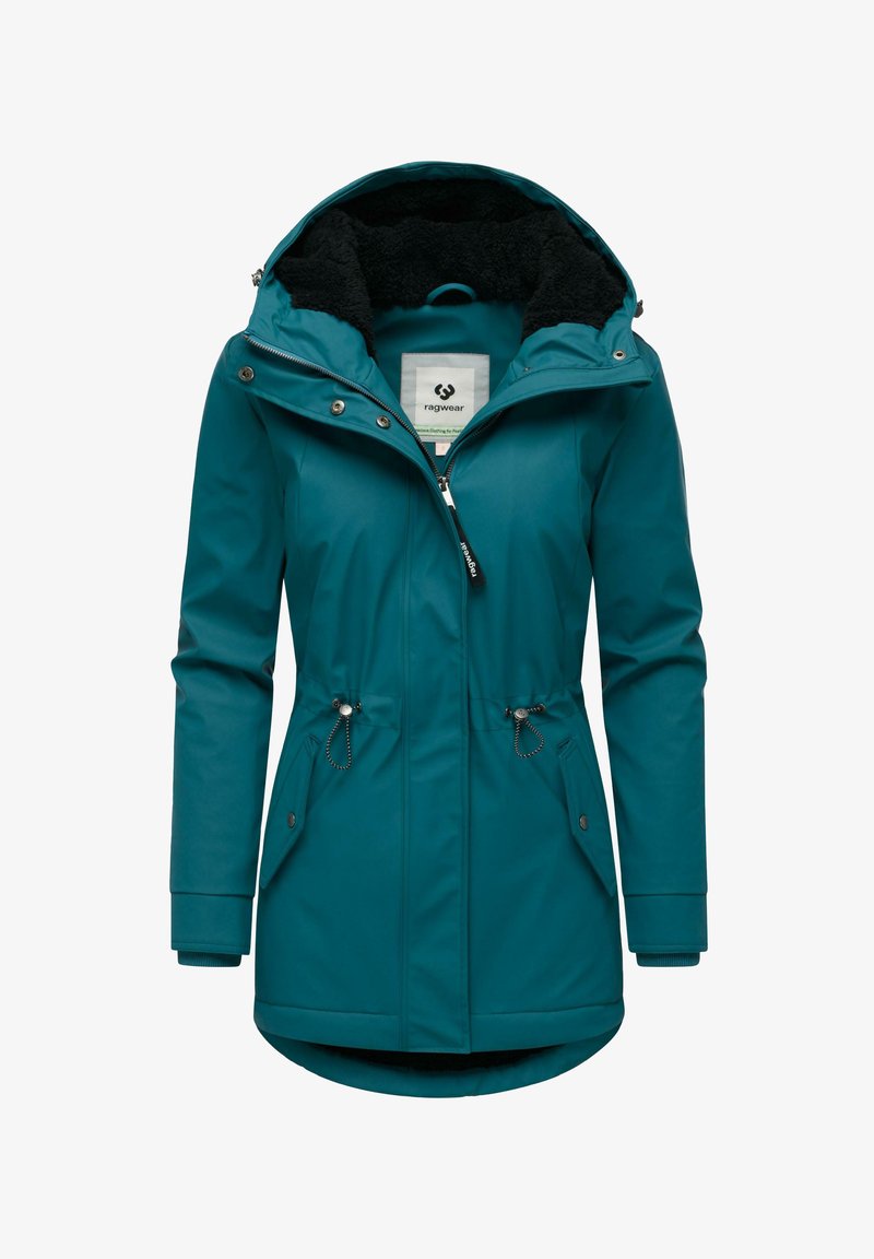 Giacca impermeabile color teal con zip e bottoni a pressione, cordini regolabili in vita e cappuccio foderato in peluche con morbida fodera interna.