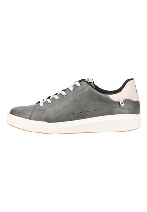 Gray leather sneakers with white rubber sole, featuring a smooth finish, subtle stitching, and matching beige accents on the heel.