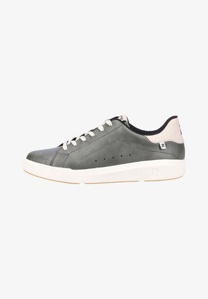 Gray leather sneakers with white rubber sole, featuring a smooth finish, subtle stitching, and matching beige accents on the heel.