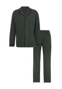 Dark green, long-sleeve pajama set with a button-up shirt featuring a chest pocket and contrasting black piping, paired with elastic waistband pants.
