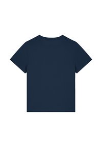 Marineblauwe katoenen t-shirt, korte mouwen, ronde halslijn, effen kleur zonder patronen of grafische afbeeldingen, gladde stofstructuur.