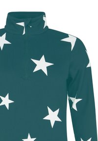 Teal lange mouwen top met witte sterrenpatronen en een voorzijde kwart-rits kraag.