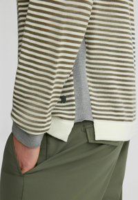 Gestreifter Pullover in Beige- und Olivtönen mit einem grauen Unterlayer. Verfügt über gerippte Bündchen und Saum, weiches Strickmaterial und seitlichen Zugang zu Taschen.