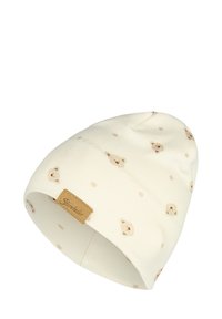 White knit beanie featuring a pattern of light brown bear faces and beige dots, with a small brown label on the cuff.
