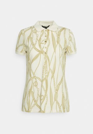 Polo in crèmekleur met een patroon van gouden kettingen, voorzien van een kraag, drieknopsbies en korte mouwen. Gladde stofstructuur.