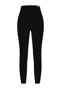 Černé legíny s vysokým, hladkým pasem. Mají přiléhavý střih, jsou vyrobené z elastické látky s žebrovanou texturou a bez viditelných švů.