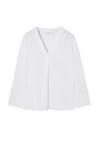 Blouse blanche à manches longues avec col en V et coupe décontractée, présentée à plat sur un fond blanc.