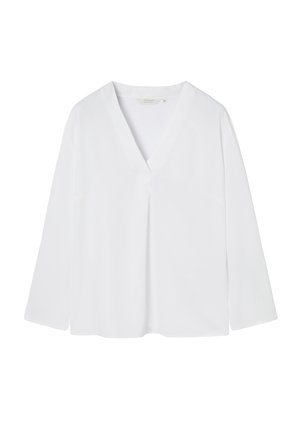 Blouse blanche à manches longues avec col en V et coupe décontractée, présentée à plat sur un fond blanc.