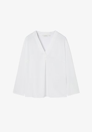 Blouse blanche à manches longues avec col en V et coupe décontractée, présentée à plat sur un fond blanc.