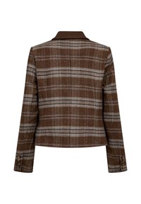 Blazer en laine à carreaux marron et beige avec un col marron foncé et des détails de boutons aux poignets, vu de dos.