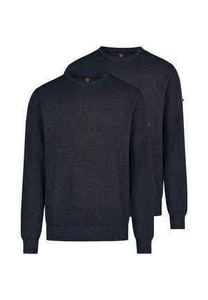 To mørkeblå teksturerede langærmede crewneck-trøjer med ribbet kant ved ærmer og bund, vist lag-på-lag.
