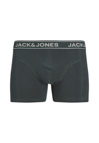 Ciemnozielone slipy z logowaną szarością w pasie, na którym widnieje napis "JACK & JONES". Gładki materiał z dopasowanym krojem i bez widocznych wzorów.