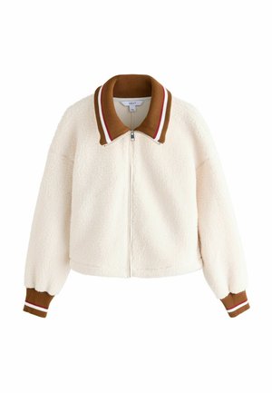 Weisse Fleecejacke mit Reißverschluss, braunem geripptem Kragen und Bündchen mit weißen und roten Streifen, langen Ärmeln und lockerer Passform.
