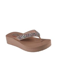 Chancla de cuña marrón con adornos de rhinestones en la correa, con una plantilla texturizada y una suela de goma flexible.