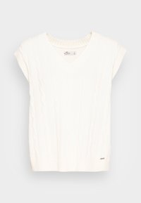 Weißer ärmelloser Pullover aus Kabelstrick mit V-Ausschnitt, ausgestattet mit einem gerippten Saum und Armöffnungen sowie einem kleinen Logo-Detail unten links.