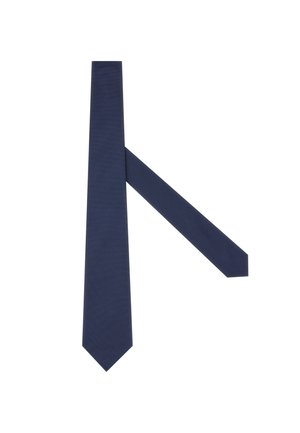 Marineblau strukturierte Krawatte mit spitzem Ende und gerader Silhouette. Der Stoff weist ein dezentes, gewebtes Muster für zusätzliche Details auf.