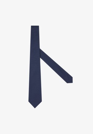Cravatta in tessuto di un blu navy con punta a angolo e silhouette dritta. Il tessuto presenta un sottile motivo intrecciato per un tocco di dettaglio in più.