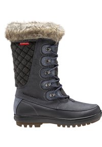 Kniehoge winterlaars met een zwarte leren onderkant, grijze quilted stof bovenkant, bontafwerking en een robuuste rubberen zool. Voorzien van een vetersluiting aan de voorkant.