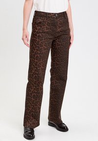Braune Leopardenmuster-Hose aus Denim, mit geradem Bein, fünf Taschen und dezenten Nähten.