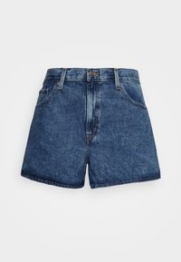 Shorts de mezclilla en azul oscuro con un ajuste regular, que presentan una cremallera, cierre de botón, cinco bolsillos y una textura deslavada.