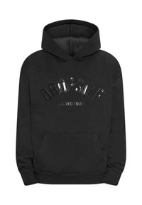 Svart hettegenser med frontgrafikk og hevet, glanset tekst som leser "DROPSIZE" og "LIMITED EDITION," med kenguro-lomme og ribbestrikkede mansjetter.