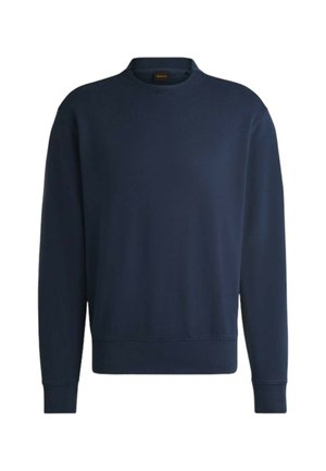 Felpa blu navy realizzata in tessuto liscio. Presenta un collo a giro, polsini e orlo a coste, e un design minimalista senza motivi o loghi.