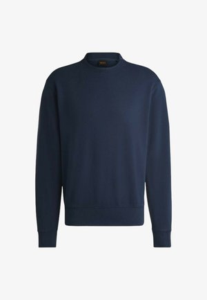 Felpa blu navy realizzata in tessuto liscio. Presenta un collo a giro, polsini e orlo a coste, e un design minimalista senza motivi o loghi.