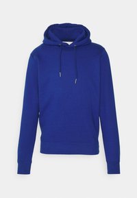 Felpa con cappuccio blu in cotone, dotata di tasca anteriore, cordini regolabili e polsini a costine. Texture liscia e design semplice.