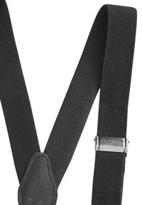 Sorte stofseler med et herringbone-mønster, der har læderdetaljer og en sølvmetalclips til fastgørelse. Holdbart og justerbart design.