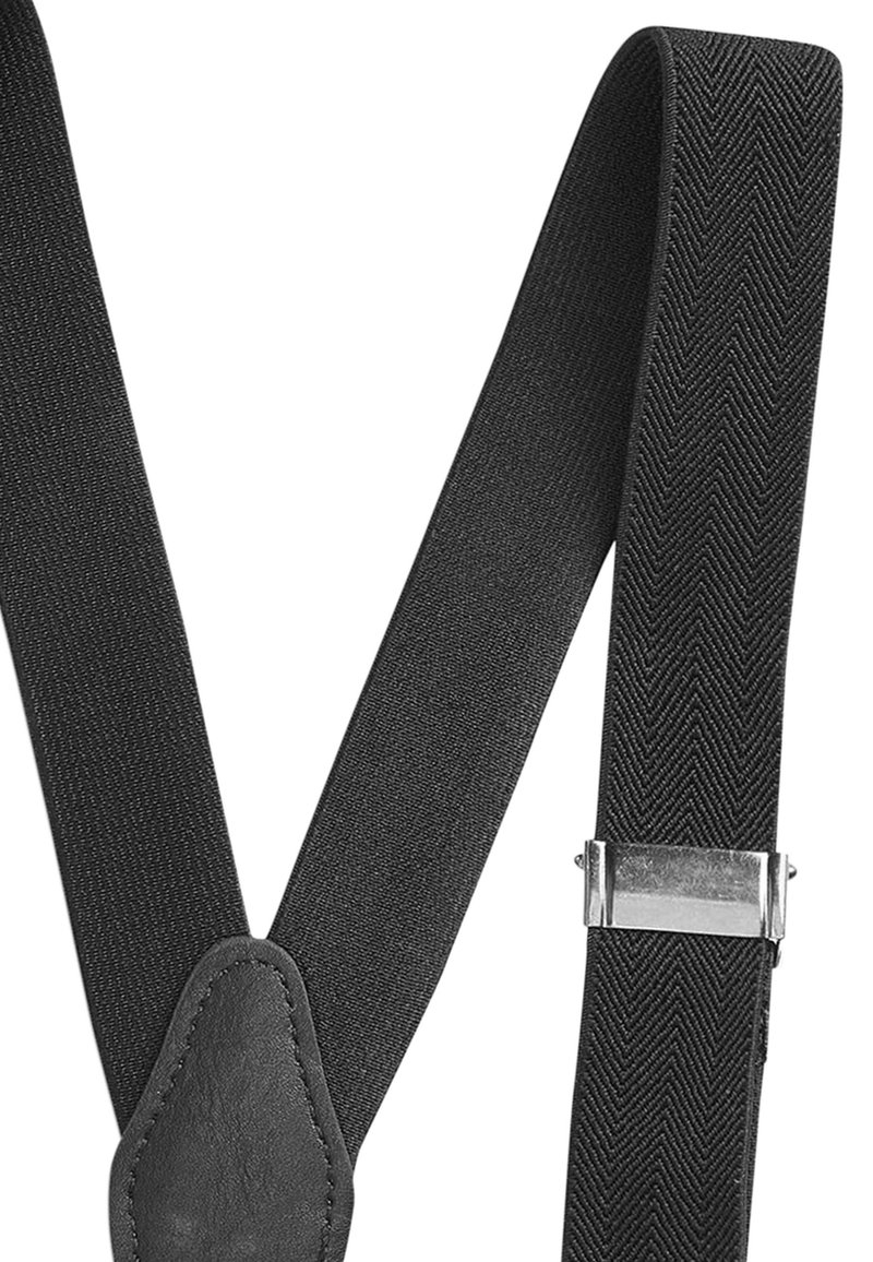 Sorte stofseler med et herringbone-mønster, der har læderdetaljer og en sølvmetalclips til fastgørelse. Holdbart og justerbart design.